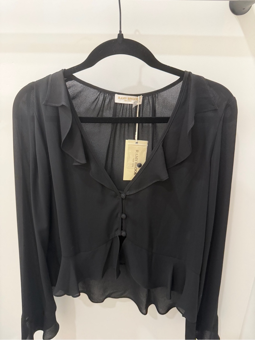Ramy Brook Isabelle Button-Front Ruffle-Trim Blouse – Size M NWT
